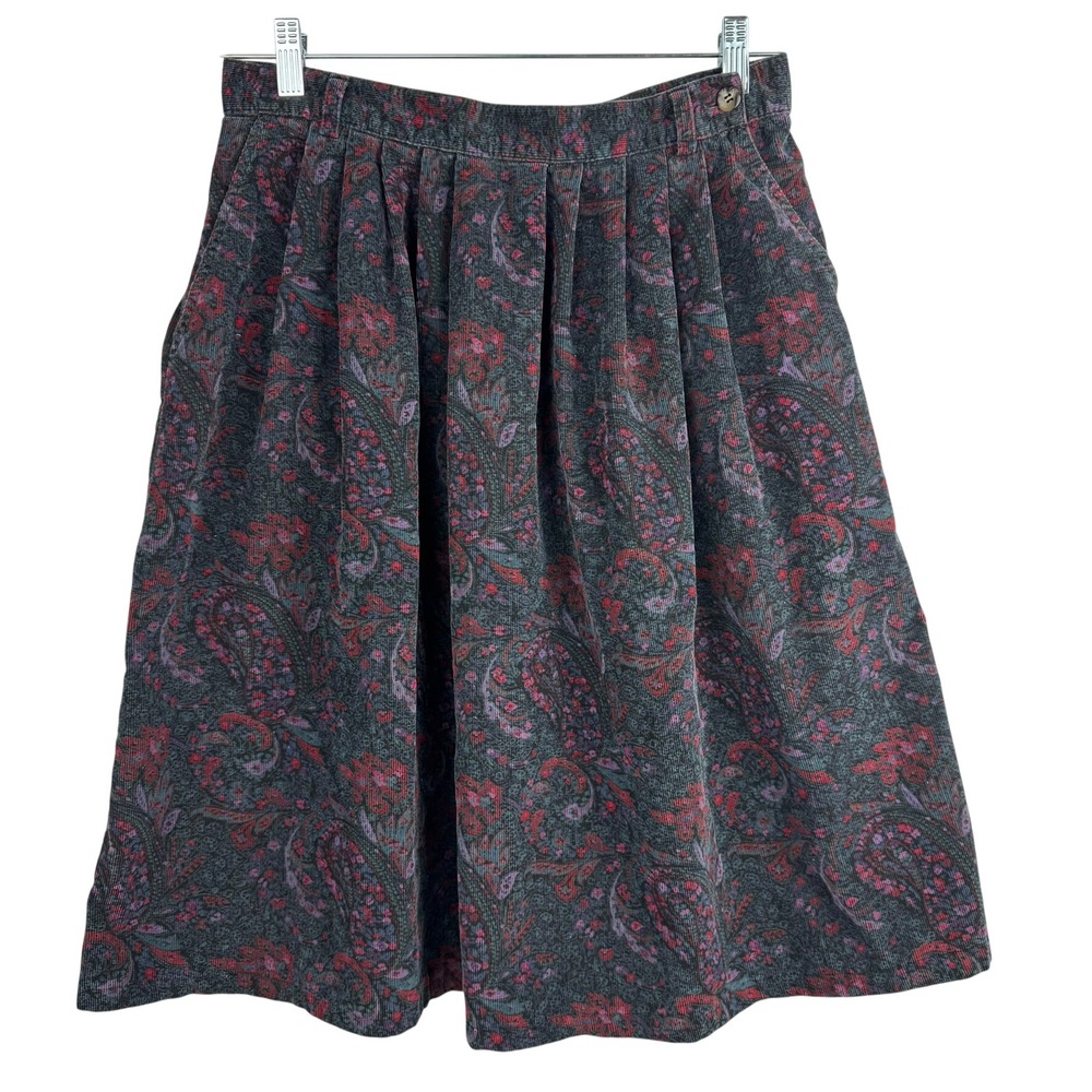 VTG LL Bean Corduroy Floral Pleated Cottage Core Midi Skirt Sz 10/12P 30"Waist